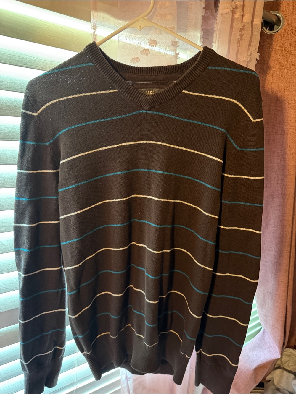 H&M Men's Black V-Neck Sweater with Blue & White Stripes